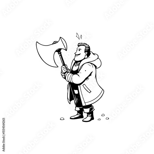 The illustration portrays a lumberjack or woodsman confidently wielding a large axe with determination strength outdoors