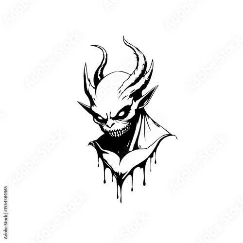 Spooky demon creature with horns and sharp teeth creating a chilling horror illustration