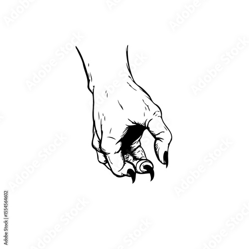 Drawing of a monster hand with claws reaching down isolated on a white background artwork design
