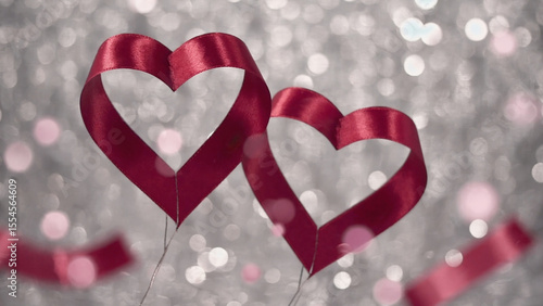 Two elegant red satin ribbon hearts float against a sparkling bokeh background creating a romantic and festive atmosphere