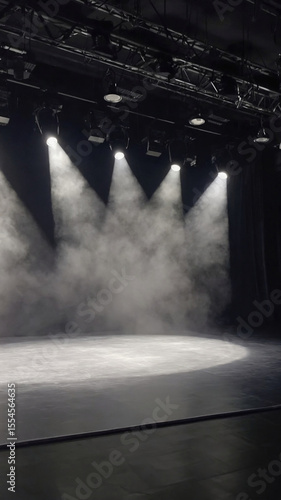Empty theater stage illuminated by dramatic spotlights and filled with atmospheric smoke creating a moody ambiance
