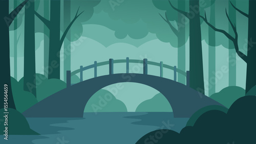 Tranquil forest scene with an arched bridge over a calm river