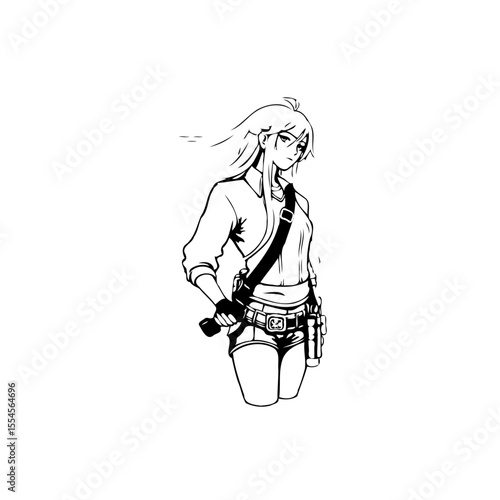 Illustration of a strong and confident female character in an action pose ready for adventure vector drawing