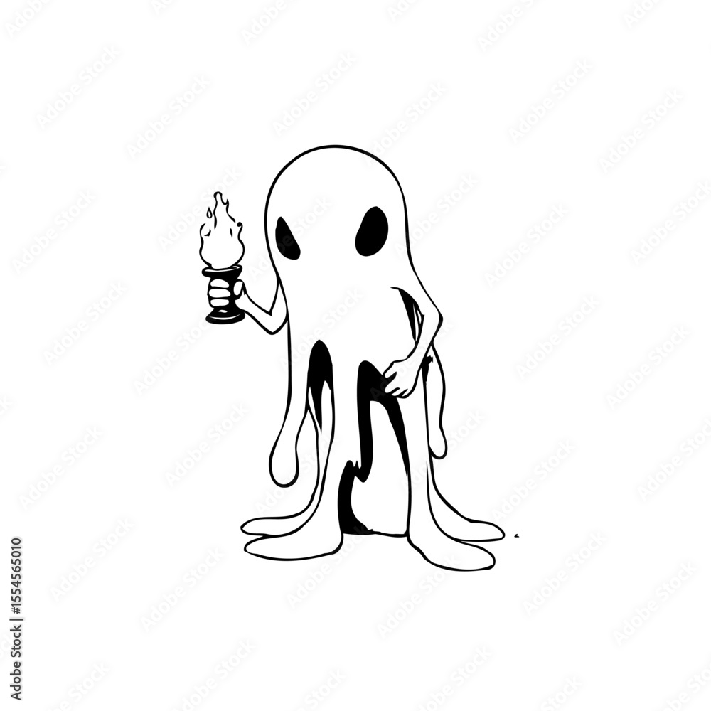 Obraz premium Spooky illustration of a ghost holding a torch with a flame in a minimalistic style drawing