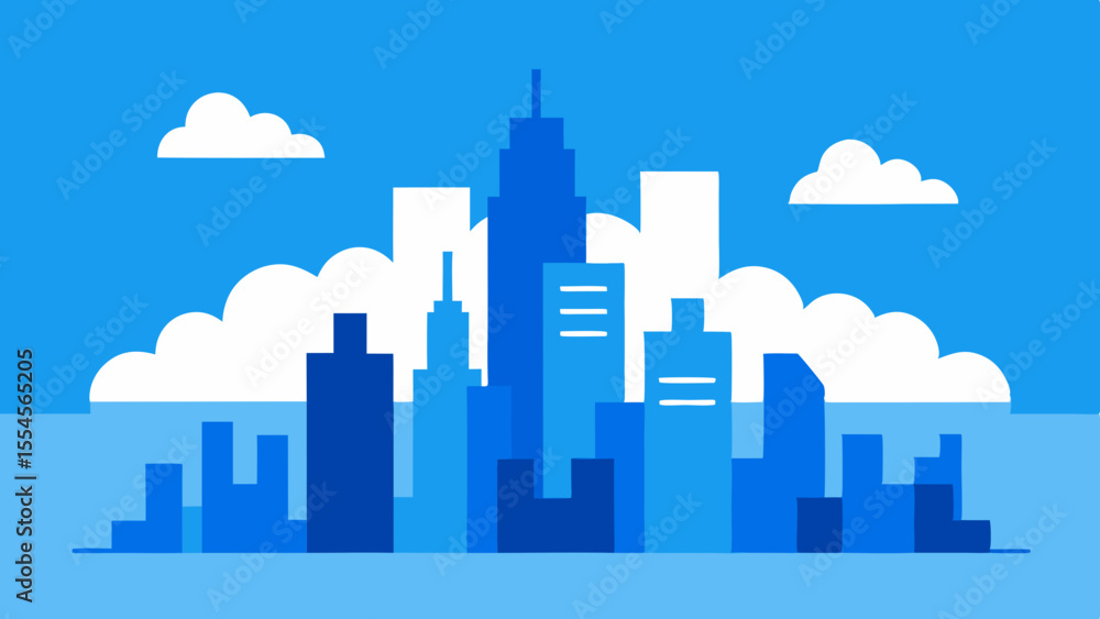 Obraz premium Modern flat design cityscape with blue skyscrapers and clouds