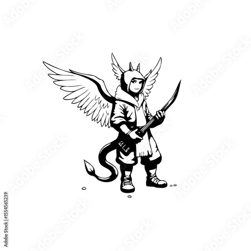 A whimsical line art depiction of a winged character holding a weapon showcasing fantasy elements