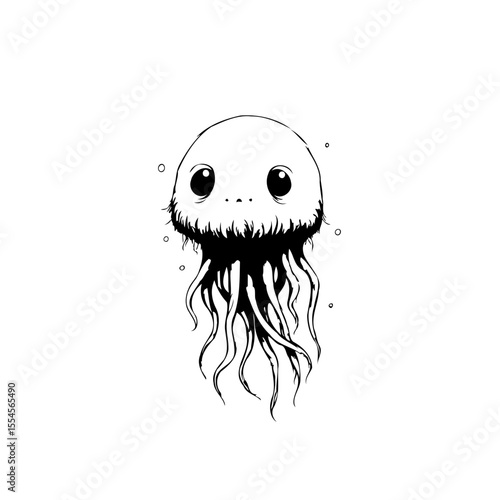 Minimalistic jellyfish illustration with big eyes floating in the sea looking adorable and fascinating for print