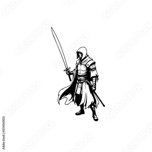 Mysterious hooded warrior wielding a sword with unwavering determination embodying strength and valor in medieval fantasy art showcasing courage and skill