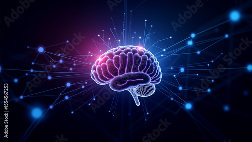 Digital brain graphic, vibrant neon colors illuminating an abstract design, perfect for themes in technology and innovation.