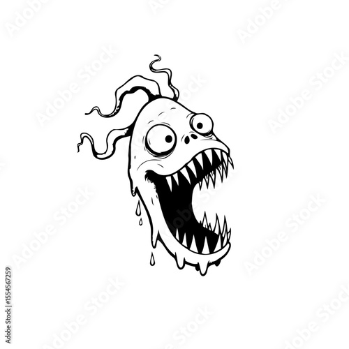 A bizarre monster face with sharp teeth and googly eyes in black and white illustration