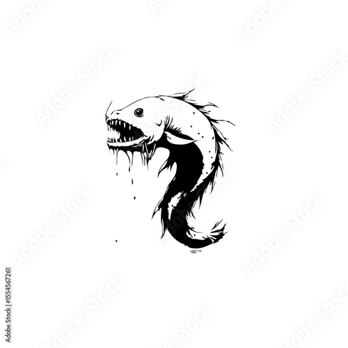Eerie aquatic creature drawing with sharp teeth in black and white creating a spooky marine ambiance