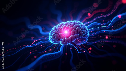 Colorful abstract brain illustration, vibrant neural connections and energy pulses, ideal for educational content on neuroscience.