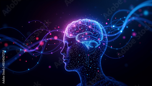 Bright digital neural network, futuristic design showcasing a human silhouette with glowing brain connections in vibrant colors, ideal for tech themes.