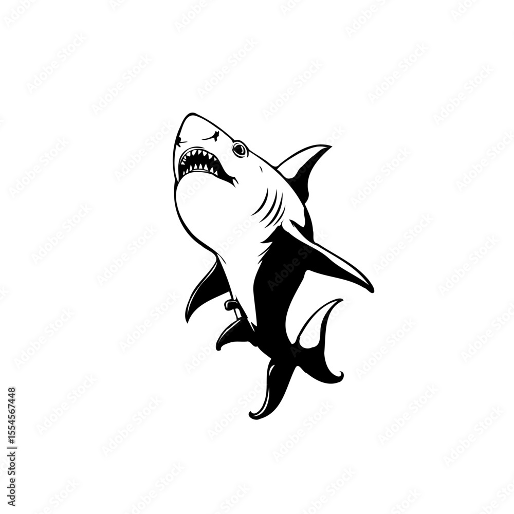 Obraz premium Elegant monochrome depiction featuring a shark with its mouth agape on an absolutely pristine white background