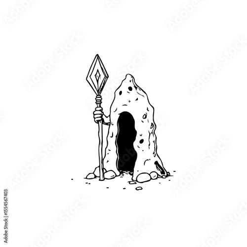 Quaint cave dwelling illustration with a mysterious inhabitant holding an ornamental staff adding to its allure