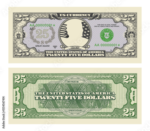 Vector fictional banknote, obverse and reverse in vintage money style. Denomination 25 dollars, series 2025. Trump. United States of America. Beautiful note with guilloche patterns. Game cash
