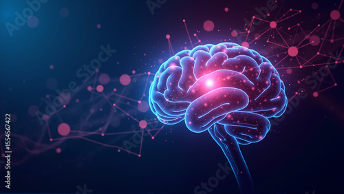 Illuminated brain with neural connections, abstract digital art showcasing cognitive processes and creativity, ideal for tech themes.