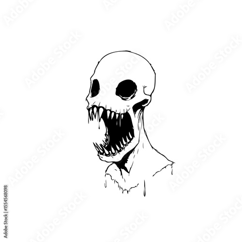 Spooky skeletal figure with open mouth and menacing expression in black and white