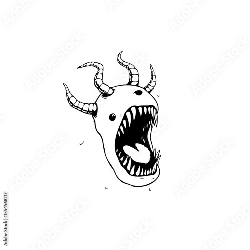 Eerie black and white drawing showcasing a peculiar creature head with gaping mouth and horns an imaginative sketch