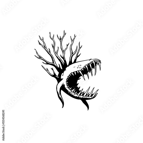 Monstrous creature illustration featuring sharp teeth and tree branches for an edgy design in black and white