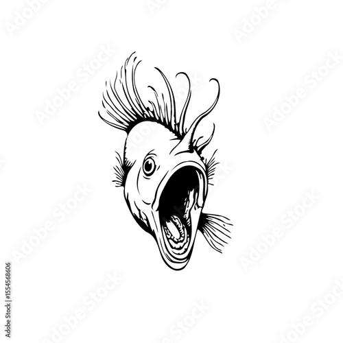 Detailed illustration of a shocked fish head with an open mouth in black and white, perfect for graphics