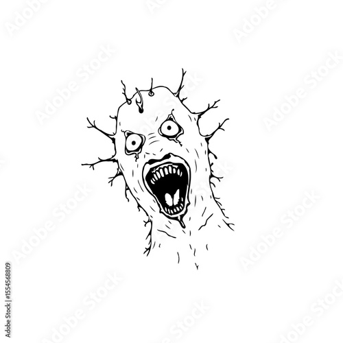 Creepy scary monster screaming with horrifying face expression with pointy branches isolated on white background horror concept nightmare