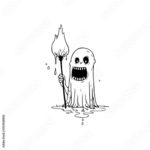 Spooky spectral apparition holding a burning torch, creating eerie Halloween illustration in minimalist style creating an atmosphere of suspense