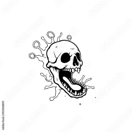 Intricate skull artwork surrounded by virus-like forms expressing mortality and fragility through skeletal illustration