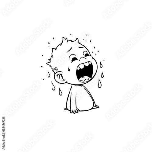 Minimalist black and white depiction of a crying baby expressing sadness and emotion showcasing distress with tears