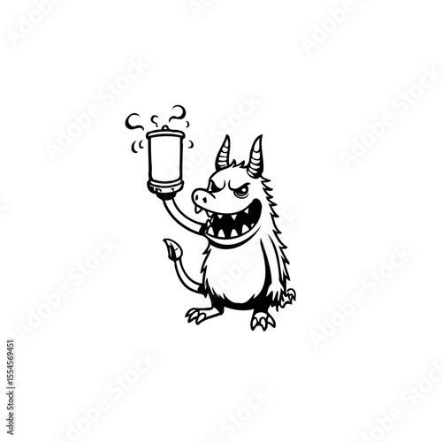 Cartoonish devil monster holding up a steaming container with angry expression with a small tail drawn in black