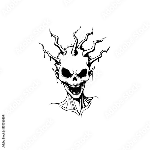 Spooky skull graphic illustration with demonic horns and menacing eyes a scary and creepy drawing