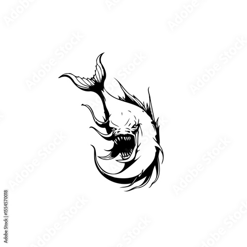 Captivating black and white illustration of a menacing fish featuring sharp teeth perfect for tattoo design ideas