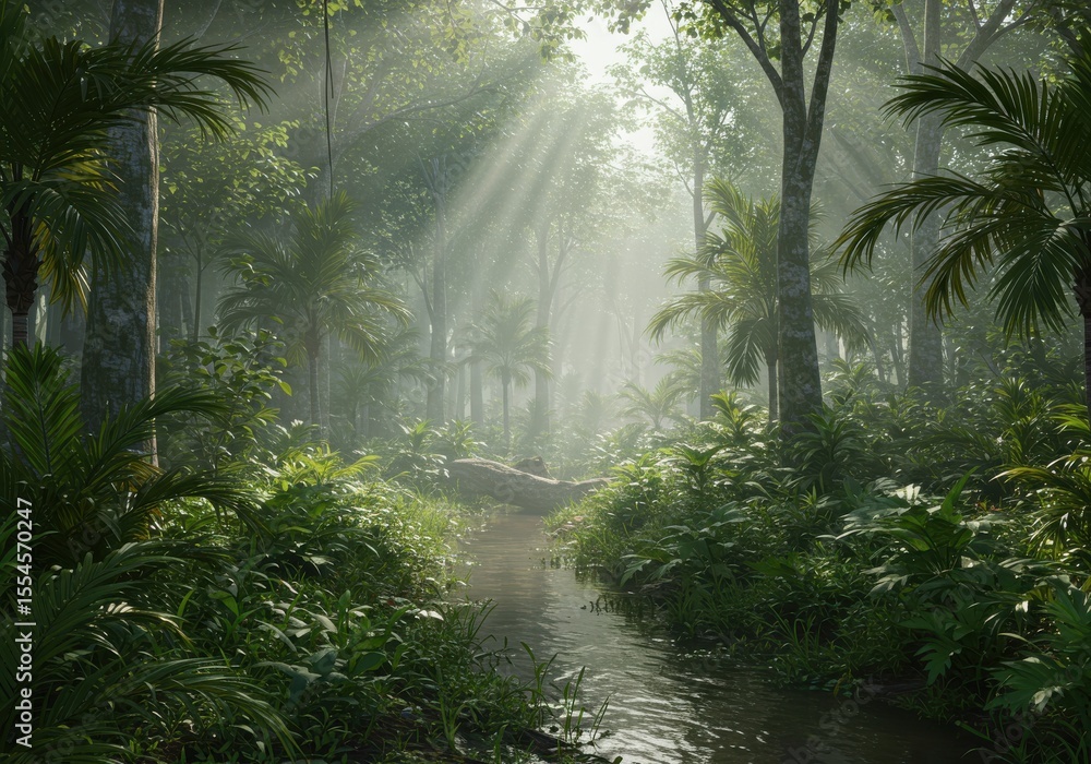 Fototapeta premium Lush rainforest scene sunbeams through tropical vegetation