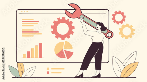 Business Improvement Concept – Woman Troubleshooting Analytics Chart with Wrench Flat Vector Illustration