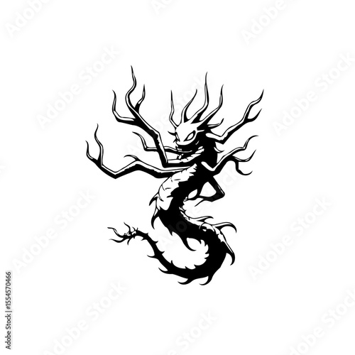 Enigmatic depiction of a sinister dragon creature with eerie features, an unsettling black ink drawing on white