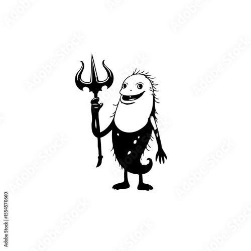 Whimsical cartoon character illustration with trident, black and white minimalist design and unique cartoonish aquatic creature holding a trident