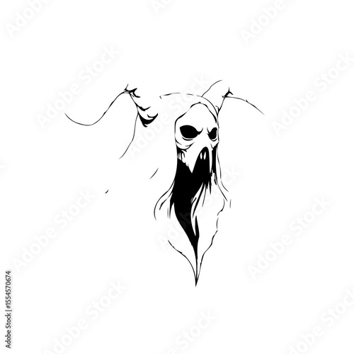 Terrifying horned reaper illustration evoking dark fantasy nightmares and halloween themes featuring spooky creature design