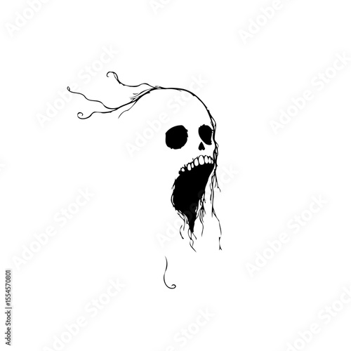 Disturbing hand drawn skull illustration with an open mouth, spooky halloween concept and artistic touch