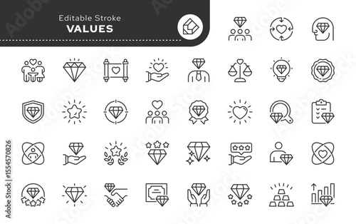 Values line icon set. Diamond, quality, success, achievement, gem, ideal, and more. Outline icon in linear style. Vector collection.	