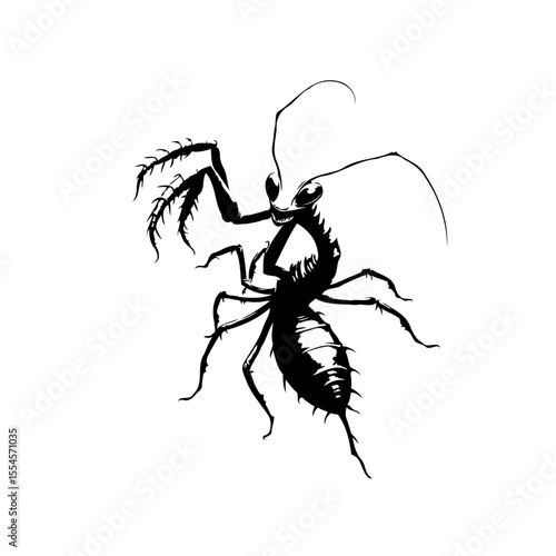 Detailed graphic illustration of a praying mantis ant hybrid in black and white sketch style