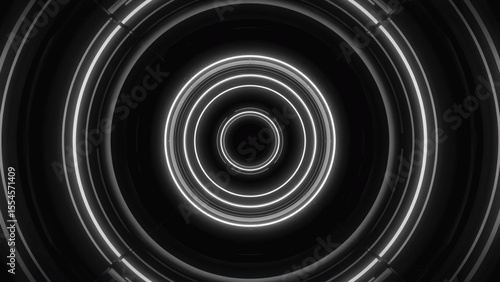 Abstract dark tunnel with glowing white concentric circles and futuristic design