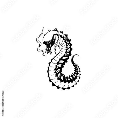 Monochrome serpent with scales and smoke emanating from its mouth in striking graphic design illustration