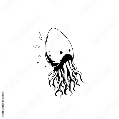 Foto Black and white illustration of a cartoon squid with a playful expression and wh