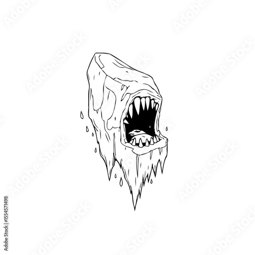 Terrifying ice monster illustration with sharp teeth and dripping edges evokes chilling fear and dread