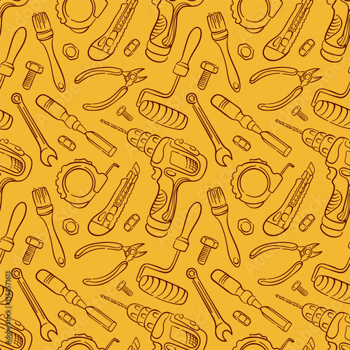 Seamless pattern with construction tools in line art style on yellow background. Design for building store with drill, Paint Roller, Tape Measure, Wire Cutter, Utility Knife, Wrench.