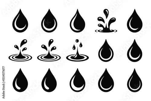 Black and white vector collection of water drops with splash effects and unique designs

