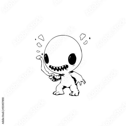 Whimsical monochrome illustration of a charming yet slightly unsettling creature ready for a fantasy adventure or creative design