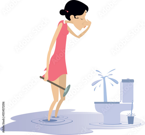 Woman clears a clogged toilet boul. 
Young man with a plunger in his hand tries to clear a blockage in a toilet and plugs his nose to avoid smelling the unpleasant smell
