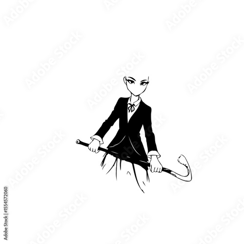 Elegant monochrome illustration of a young woman in a suit holding a cane with style poise