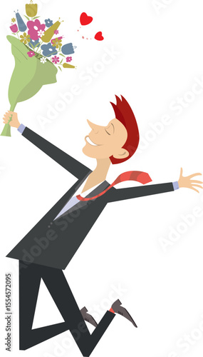 Happy young man holds flowers. 
Happy jumping man holds a bunch of flowers. Isolated on white background
